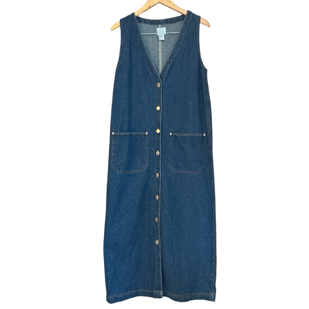 Vintage Y2K 90s Denim Jean Maxi Dress Button Down V-Neckline Size Medium